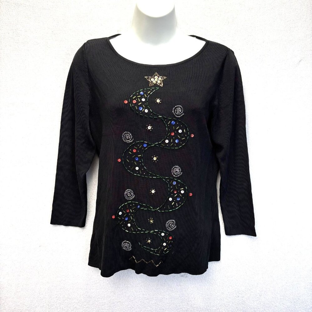 Lucia Burns Beaded Christmas Tree Shirt Womens Small Black‎ Holiday Festive Top